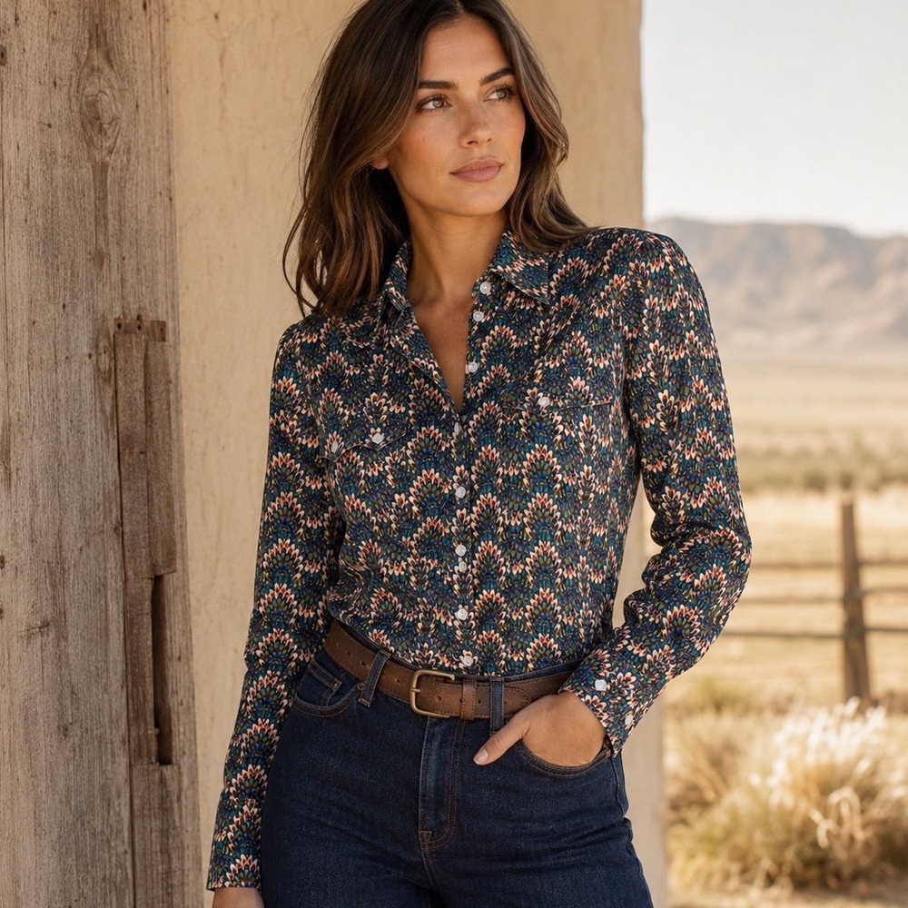 Rockmount Ranch Wear Western Shirt Womens M Blue Peacock Sawtooth Pearl Snap USA